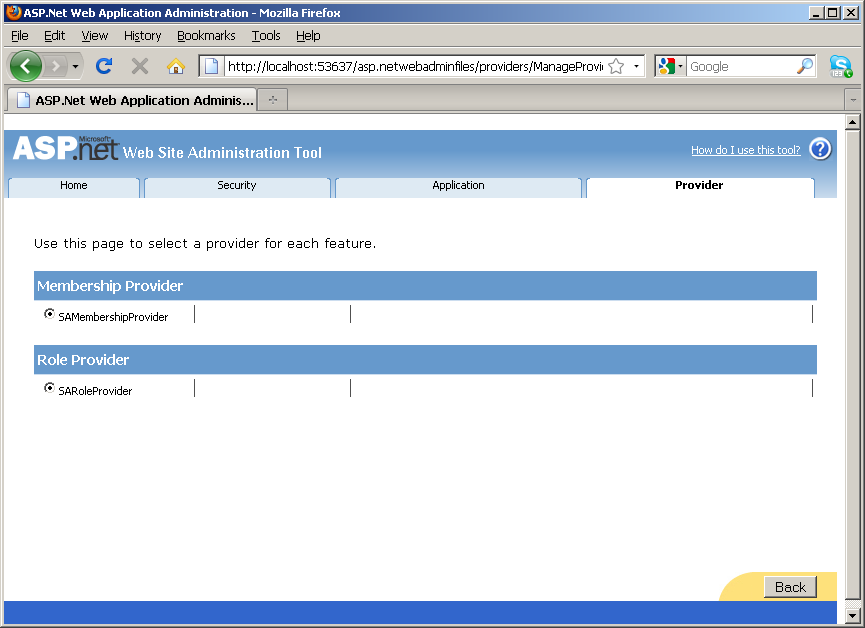 ASP.NET Web Admin Tool Providers Tab