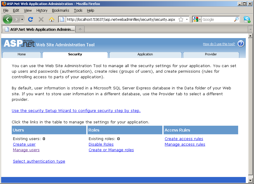 ASP.NET Web Admin Tool Security Tab