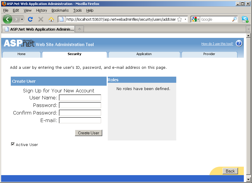 ASP.NET Web Admin Tool Create User