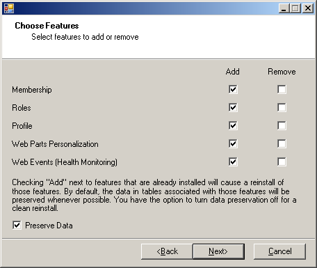 ASP.NET Providers Setup Wizard Step 3